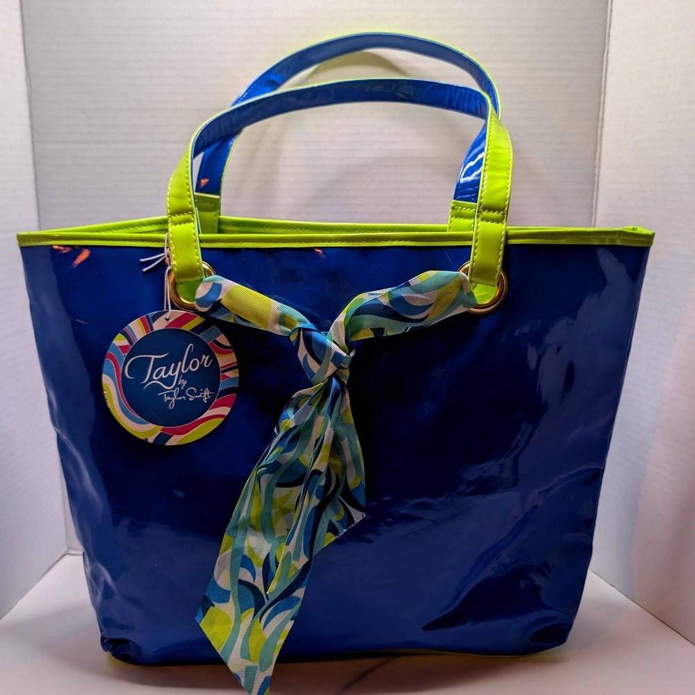 NEW Taylor Swift Fragrance GWP Tote Bag Blue Lime Green Patent Scarf Ribbon OS